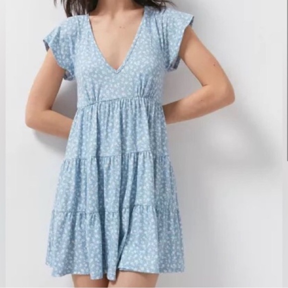 Urban Outfitters Julia Ruffle Mini Dress, size S Blue Floral Women's Dress - Picture 1 of 4